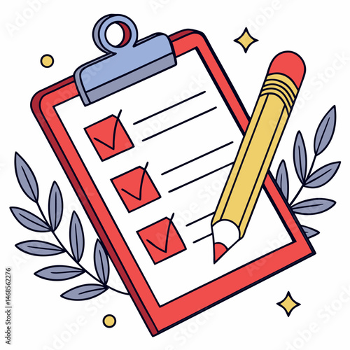 A red clipboard with checkmarks and lines, a yellow pencil, and decorative foliage