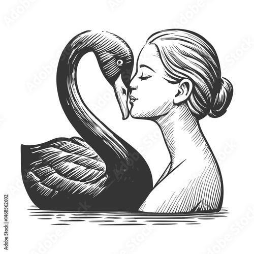 woman tenderly kissing a black swan, symbolizing intimacy with chaos, mystery