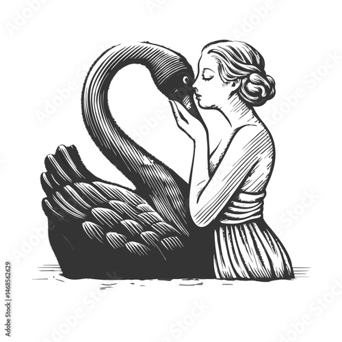 woman tenderly kissing a black swan, symbolizing intimacy with chaos, mystery