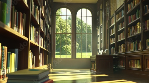 Wallpaper Mural Sunlight-filled library with bookshelves and a view.  Possible use Stock photo Torontodigital.ca