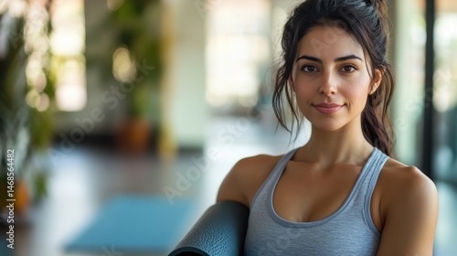 Young woman in activewear holding yoga mat in a bright fitness studio, ready for an exercise routine with a calm and confident expression Free Download Young woman in activewear holding yoga mat in a bright fitness studio, ready for an exercise routine with a calm and confident expression - GFXLoad