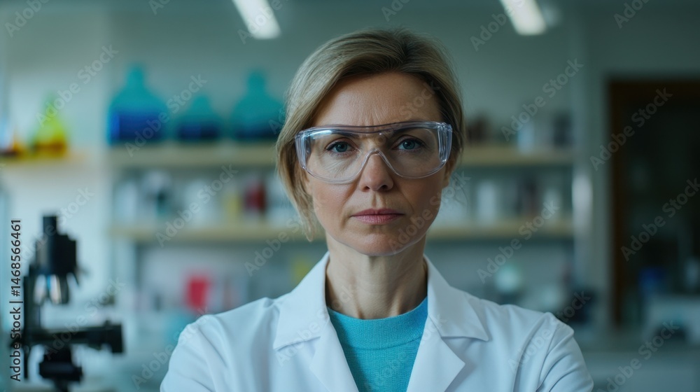 Focused female scientist in laboratory setting wearing safety glasses and a white lab coat, showcasing determination and expertise in scientific research Focused female scientist in laboratory setting wearing safety glasses and a white lab coat, showcasing determination and expertise in scientific research