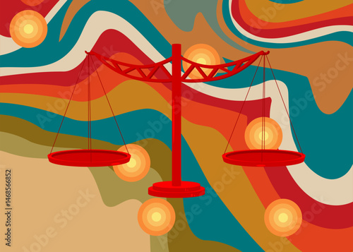 Retro 70s Background with Scale. Groovy Balance 1970s art template. Minimalistic Vintage design poster. Old-fashioned color artwork.