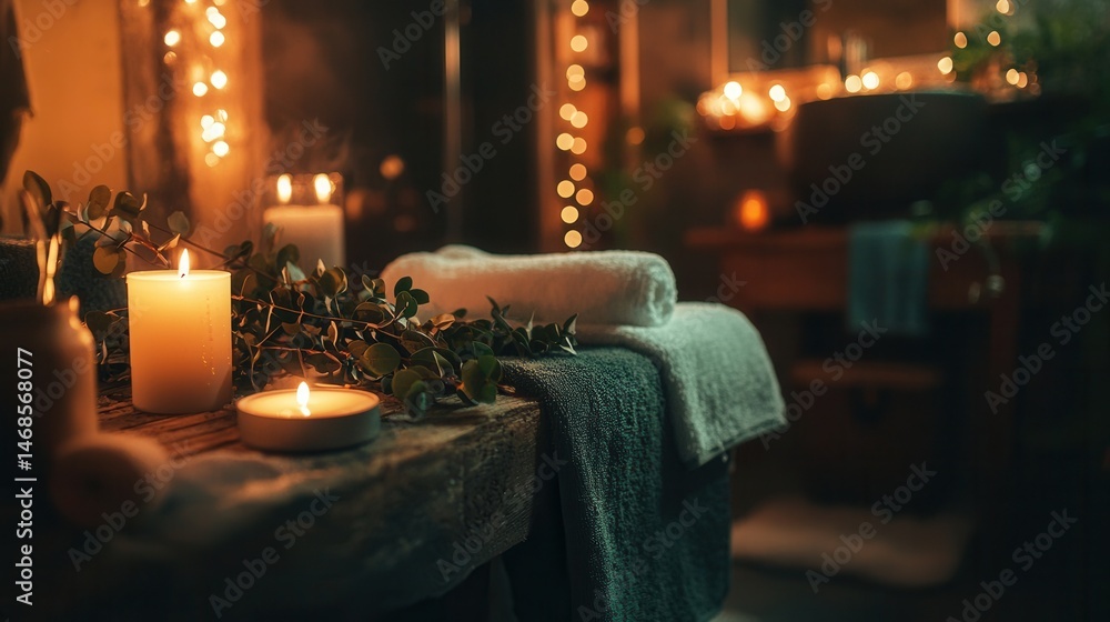 Tranquil Spa Setting with Candles and Towels Tranquil Spa Setting with Candles and Towels