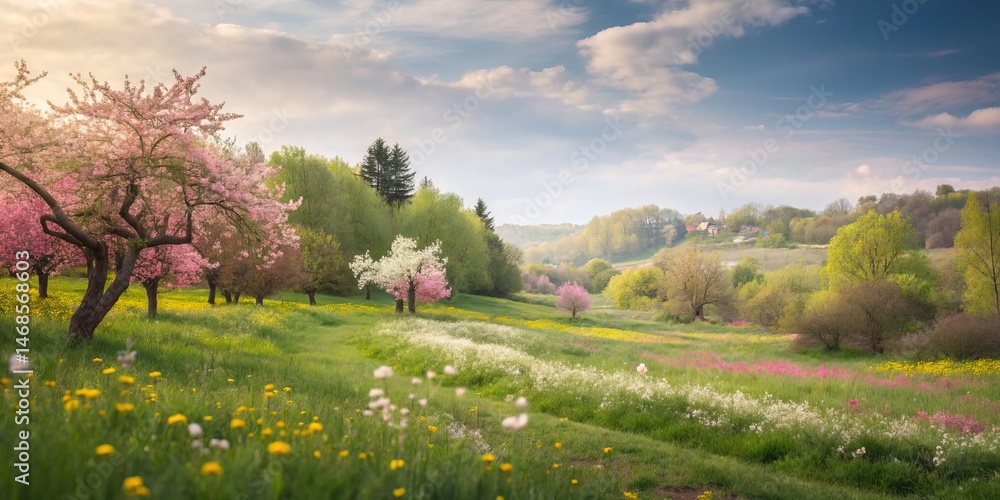 Naklejka premium Blooming Meadow Pink and White Blossoms in a Serene Spring Landscape, Springtime ,Nature