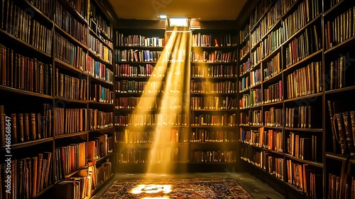 Luxury private library filled ancient books golden light beams cinematic moody atmosphere