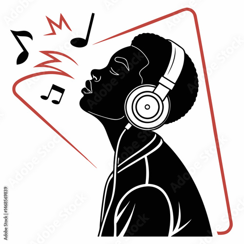 vector icon of a person listening to music with headphones, black silhouette, white background, modern design 