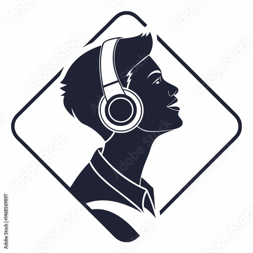 vector icon of a person listening to music with headphones, black silhouette, white background, modern design 
