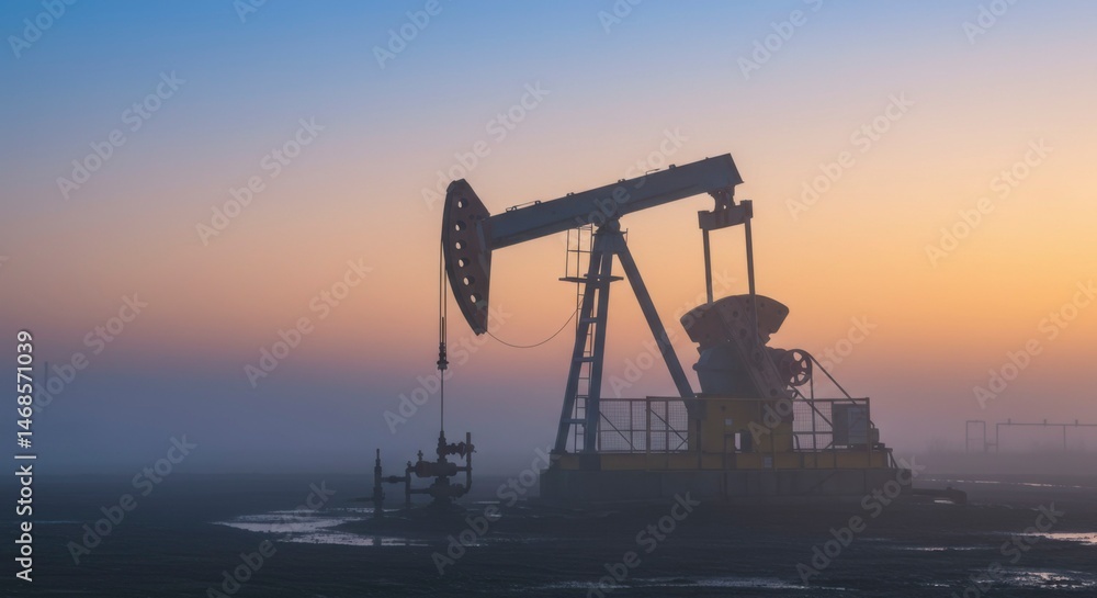 Oil pump in dawn mist Oil pump in dawn mist