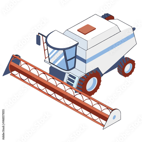 Isometric illustration of a white and blue combine harvester with a red header bar