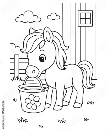 Coloring book pony drinks from a bucket decorated with a flower, standing in a farmyard 
