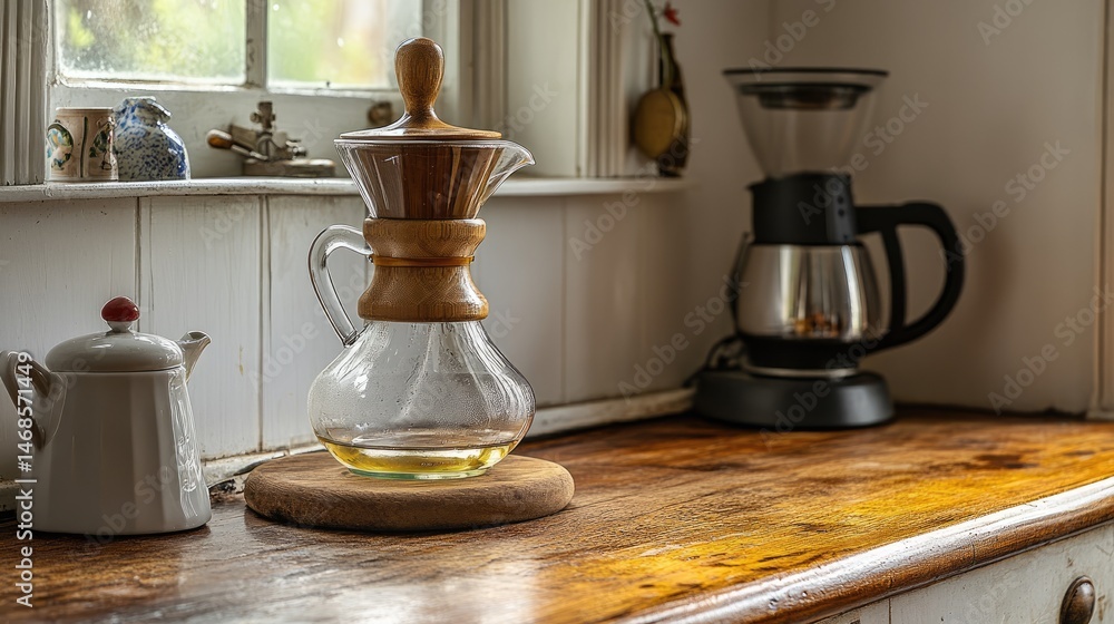 Dripper on a stand above a stylish glass carafe on wooden counter Dripper on a stand above a stylish glass carafe on wooden counter