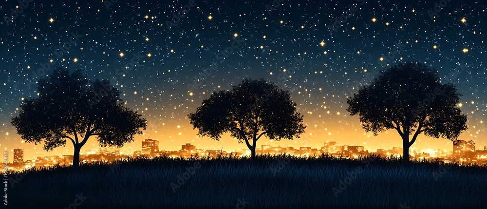 Naklejka premium Night city skyline, trees, stars. Peaceful scene
