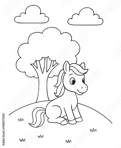 Coloring book pony sits on a grassy hill under a large tree with fluffy clouds in the sky.