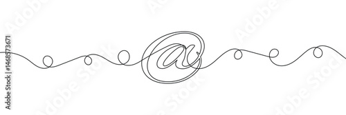 One a at sign social media notification. Black and white monochrome continuous single line art. Email message account profile send illustration sketch outline drawing . Vector Illustration . EPS 20 . 