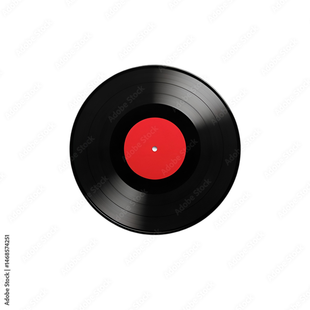 Obraz premium Black vinyl record with red label music analog sound nostalgic design