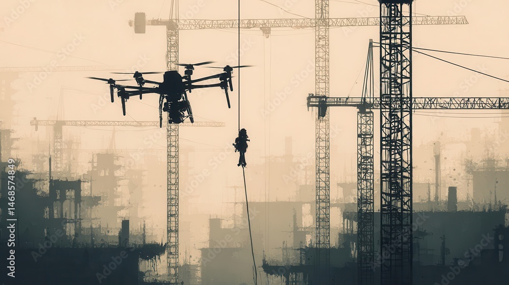 Naklejka premium Silhouette of construction site with drone and worker.