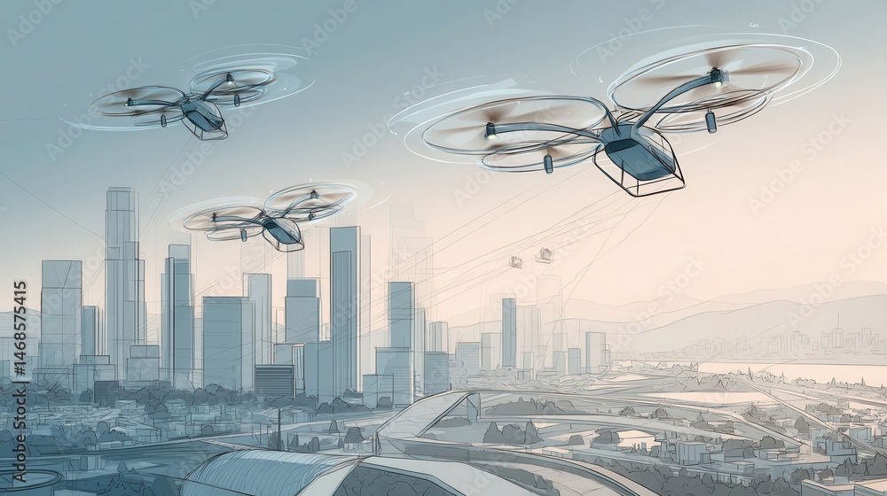 Fototapeta premium Drone delivery systems over a modern city skyline.