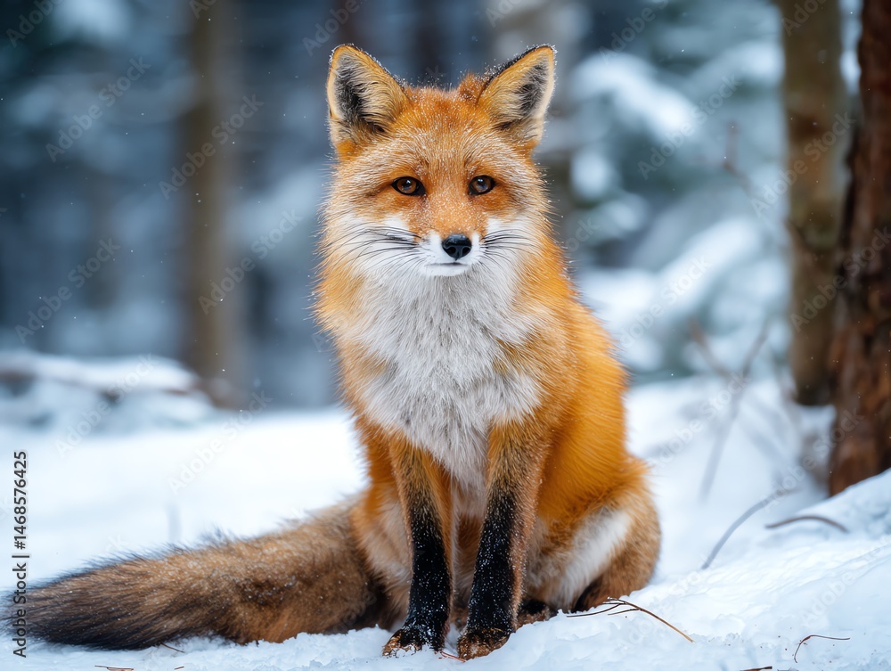 Red fox sitting in snowy winter forest Red fox sitting in snowy winter forest