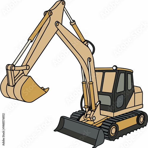 A cartoon illustration of a yellow excavator with a raised bucket on a white background