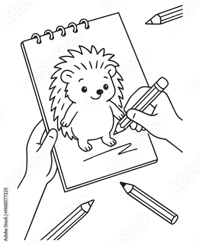 Coloring book hedgehog in a sketchbook surrounded by pencils.