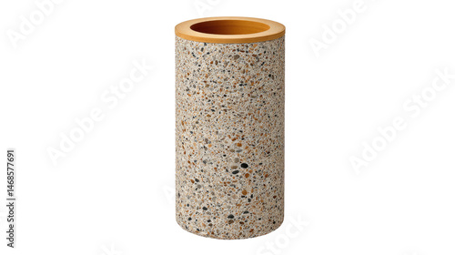 Robust Public Waste Bin: A weathered, durable public waste bin with a cylindrical shape, offering a functional and aesthetically pleasing waste disposal solution.