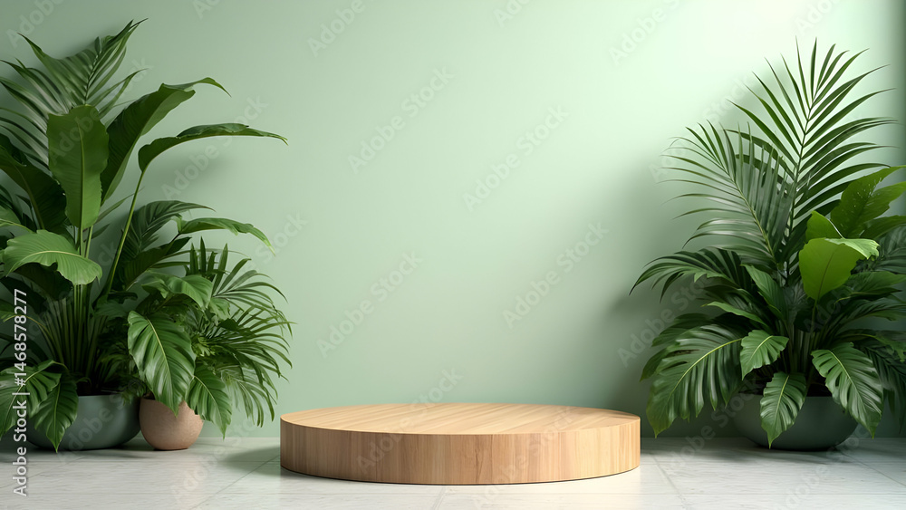 Wooden Platform with Plants for Display Backdrop Indoor Scene Wooden Platform with Plants for Display Backdrop Indoor Scene