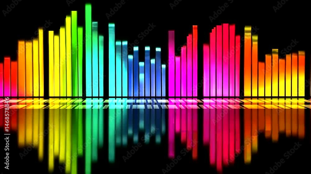 Vibrant, multi-colored audio equalizer bars fluctuate against a black background, their luminous forms reflected on a glossy surface below Vibrant, multi-colored audio equalizer bars fluctuate against a black background, their luminous forms reflected on a glossy surface below