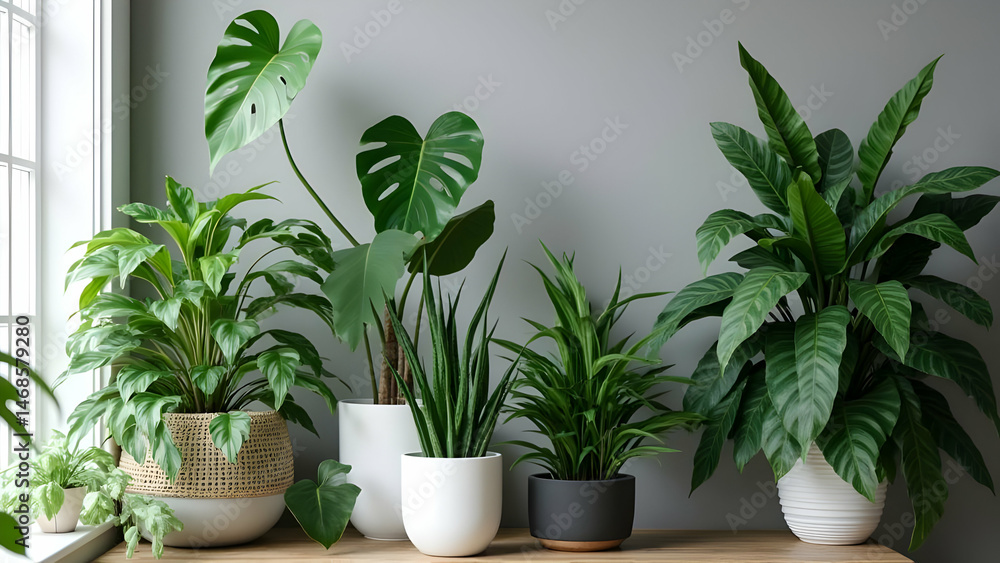 Fototapeta premium Assortment of Various Indoor Potted Plants Decorating the Home Interior
