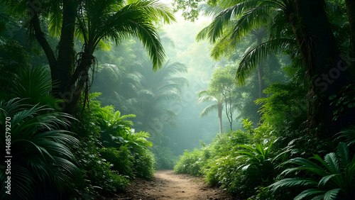 Deep green and lush jungle path in jungle