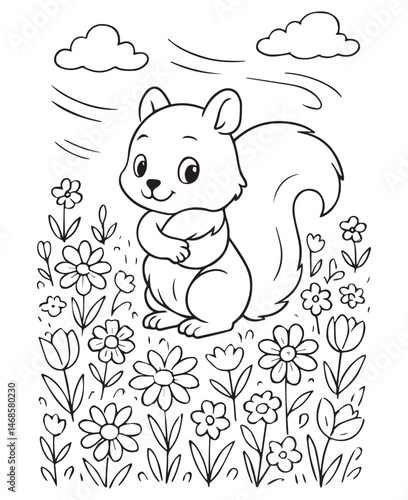 Coloring book squirrel stands happily in a field full of flowers under a sunny sky 