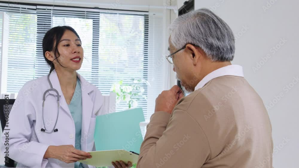 Doctor delivering bad news diagnosis with emotional support to senior patient in hospital care setting Doctor delivering bad news diagnosis with emotional support to senior patient in hospital care setting