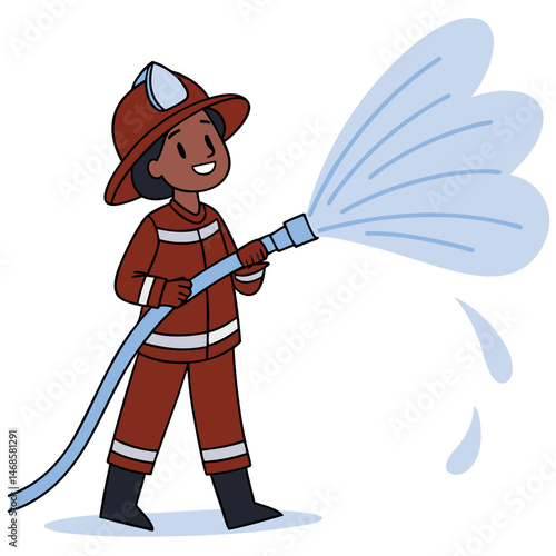 A cartoon firefighter in full gear holding a hose spraying water in a white background
