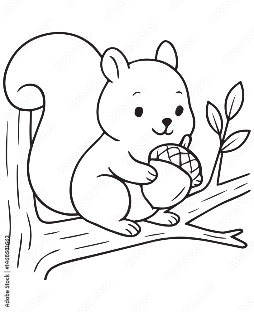 Coloring book squirrel sits on a tree branch, happily holding a large acorn Coloring book squirrel sits on a tree branch, happily holding a large acorn