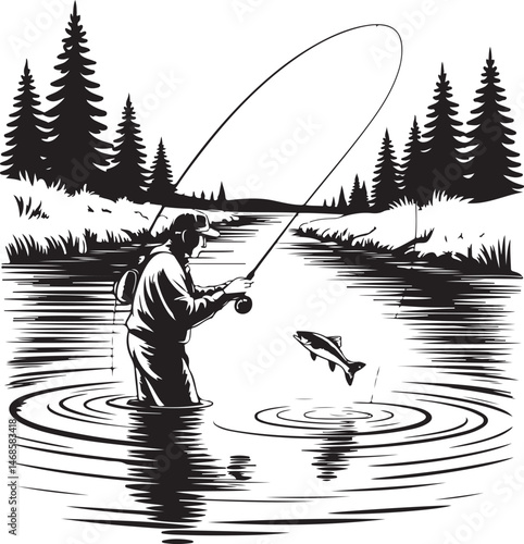 Fisherman Casting Line Silhouette

Big Catch – Fish on Hook Vector

Boat Fishing Adventure Silhouette Scene

Spearfisher in Action Silhouette Art

Lake Fishing Moment Vector Design