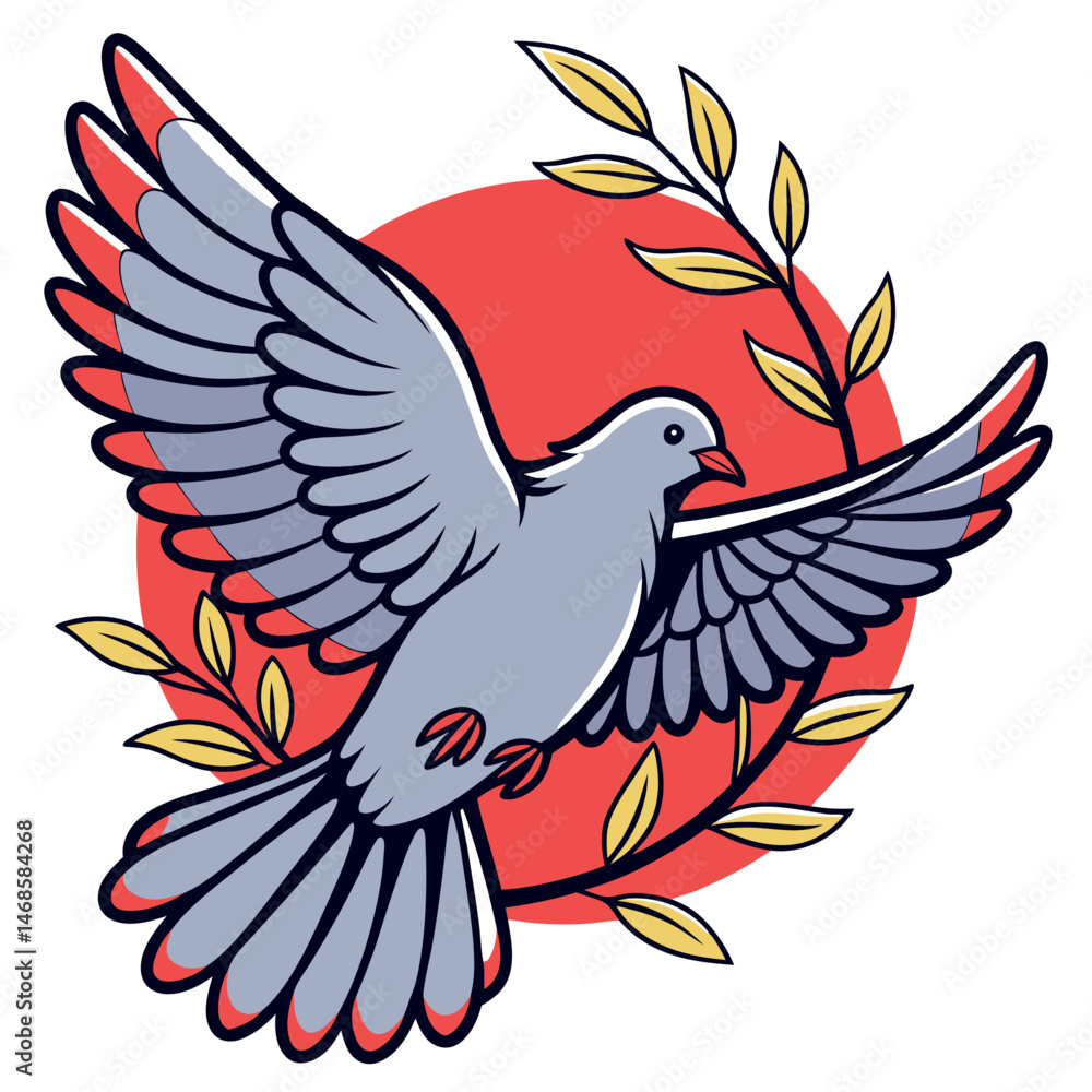 Fototapeta premium A stylized illustration of a dove in flight with a red circle and olive branch design
