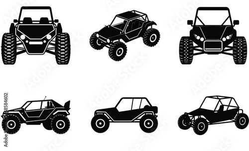 Dune Buggy Silhouette Set on Rocky Terrain – Off-Road Adventure Vehicle Vector Collection in Rugged Landscape Scene