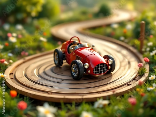Miniature red vintage racing car on a stylized race track. Compact design with retro headlights, perfect for themes of automotive nostalgia and classic motorsport aesthetics