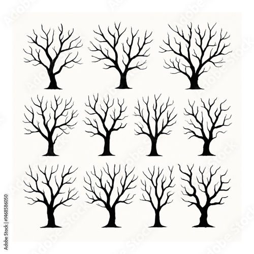 Abstract Black Tree Silhouette Pattern Artwork Vector illustration set