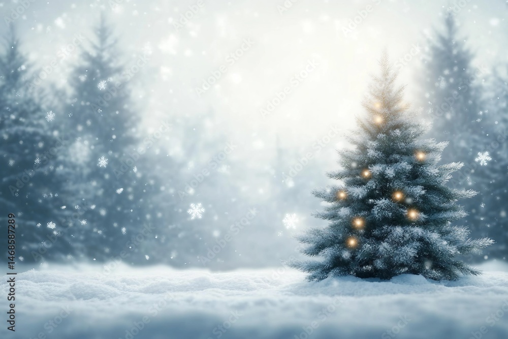 Christmas tree in idyllic winter landscape, beautiful blurred snowy xmas background with copy space stock photo Christmas tree in idyllic winter landscape, beautiful blurred snowy xmas background with copy space stock photo