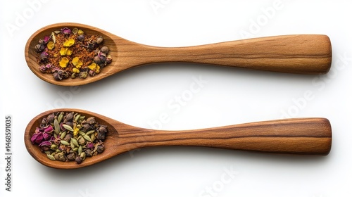 Two wooden spoons filled with assorted colorful spice blends.