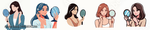 Vector of young woman looking in the mirror to correct her make up