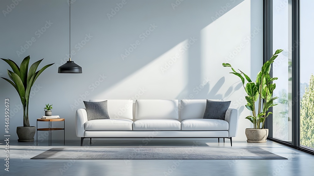Modern Minimalist Living Room Interior Design: White Sofa, Plants, and Sunlight Modern Minimalist Living Room Interior Design: White Sofa, Plants, and Sunlight