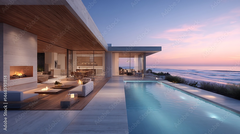 Fototapeta premium Modern architectural design featuring spacious indoor, outdoor living by the coast during sunrise