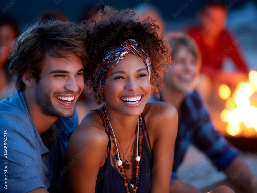 Happy Couple Smiling at Campfire with Friends on a Beach at Night Happy Couple Smiling at Campfire with Friends on a Beach at Night