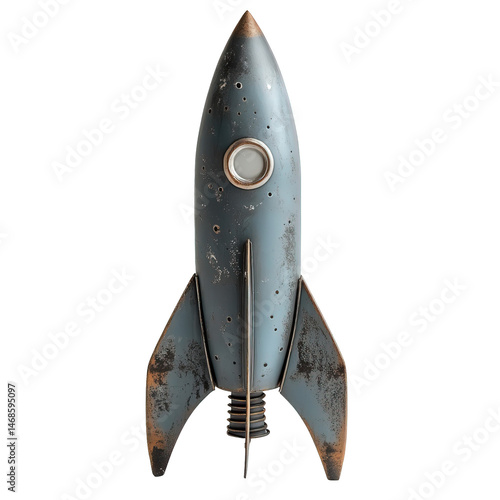 Vintage retro style rocket ship toy isolated on black background with details