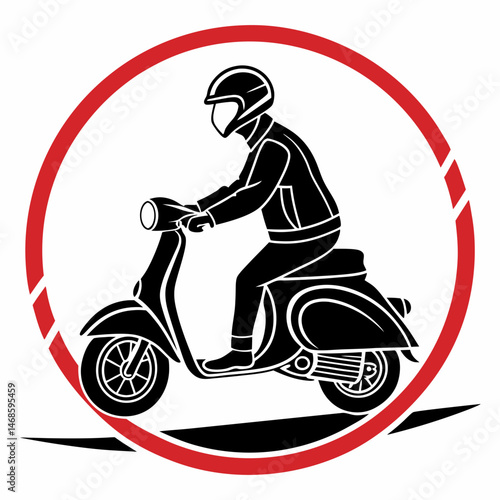 vector icon of a person riding a scooter, black silhouette, white background, minimalist design 