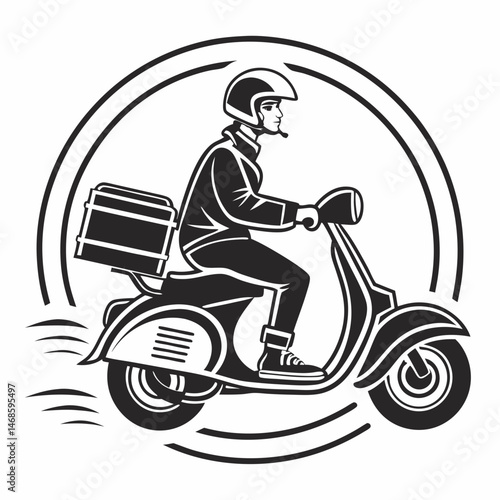 vector icon of a person riding a scooter, black silhouette, white background, minimalist design 
