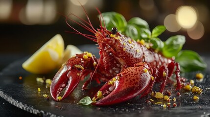 Crédence de cuisine  Close-up of a prepared crayfish on a dark plate.  © Anisa