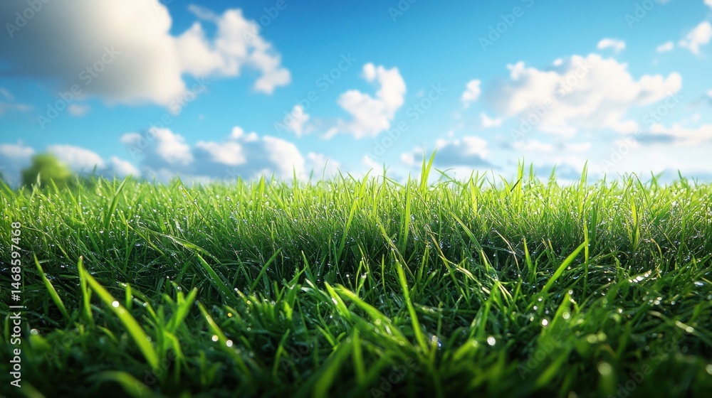 Fototapeta premium Lush Green Grass Meadow with Dew Drops Under a Sunny Sky Nature Background